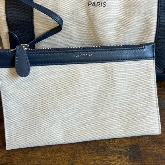 Balenciaga $1,200 Cabas Canvas Navy Leather Trim Tote Bag